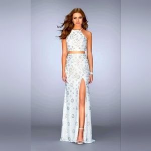 NWT WHITE/NUDE LACE  LA FEMME RHINESTONE DRESS PROM/PAGAENT/FORMAL